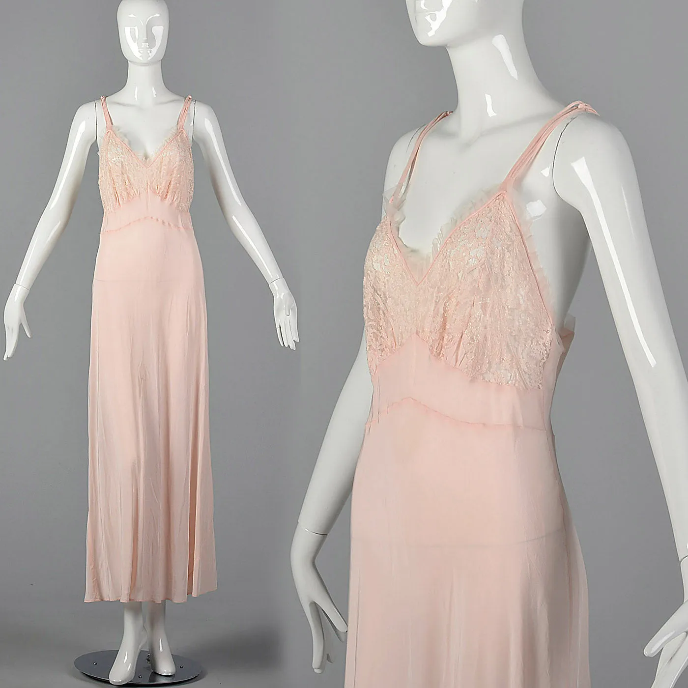 1940s Pink Rayon Nightgown with Lace Detail