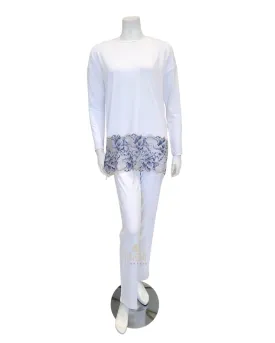 3446 Lace Bottom White Modal Pajamas Set