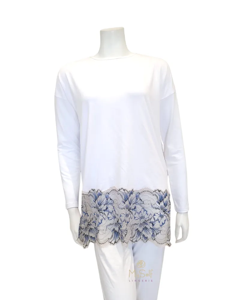 3446 Lace Bottom White Modal Pajamas Set