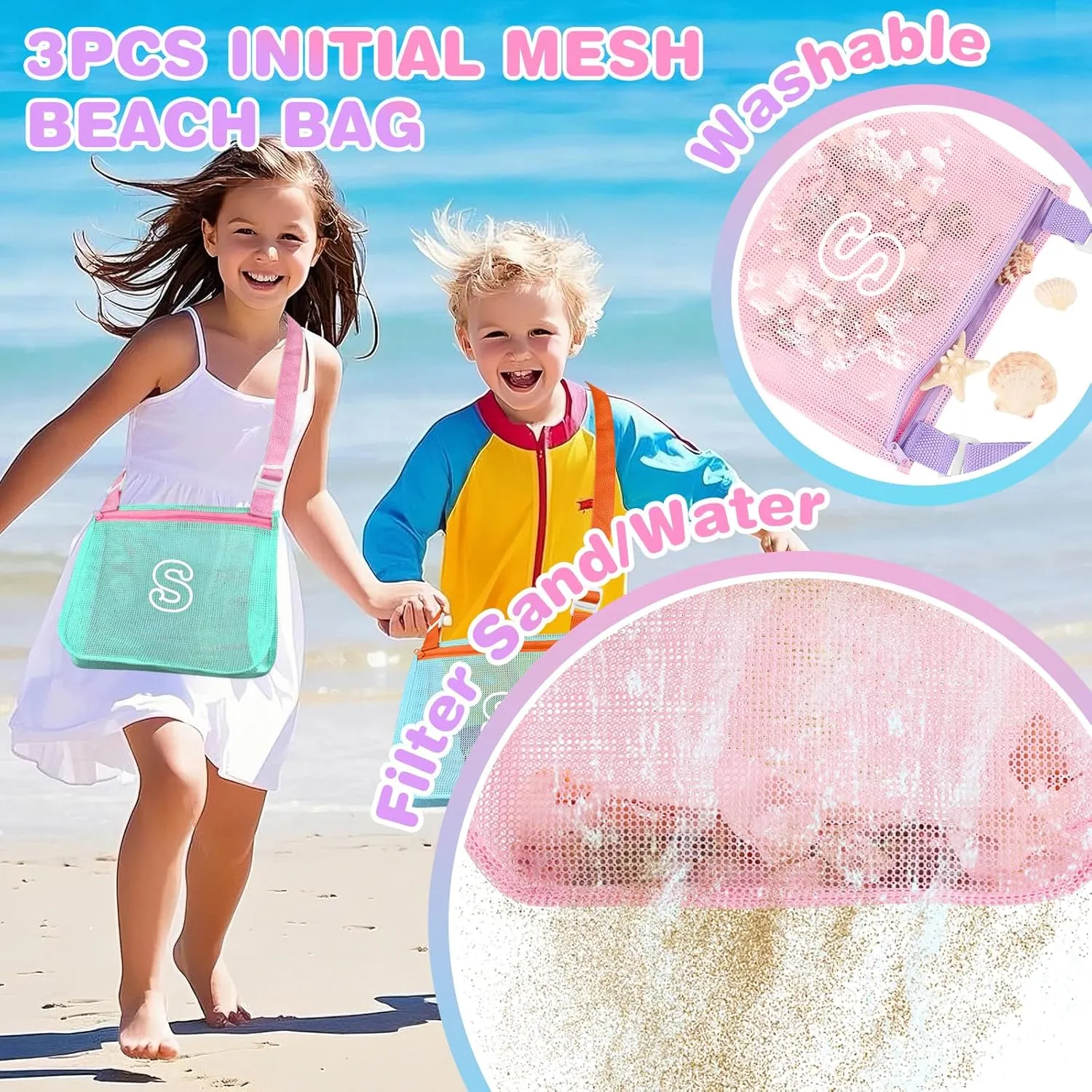 3Pcs Personalized Kids Beach Shell Bag, Initial Seashell Mesh Zipper Beach Pouch, Shell Collecting Bag for Holding Shells with Adjustable Straps, Sand Toys Swim Pouch Gift for Girl Boy Teens(Letter S)