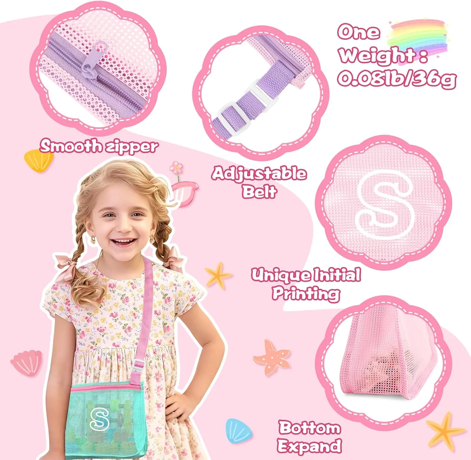 3Pcs Personalized Kids Beach Shell Bag, Initial Seashell Mesh Zipper Beach Pouch, Shell Collecting Bag for Holding Shells with Adjustable Straps, Sand Toys Swim Pouch Gift for Girl Boy Teens(Letter S)