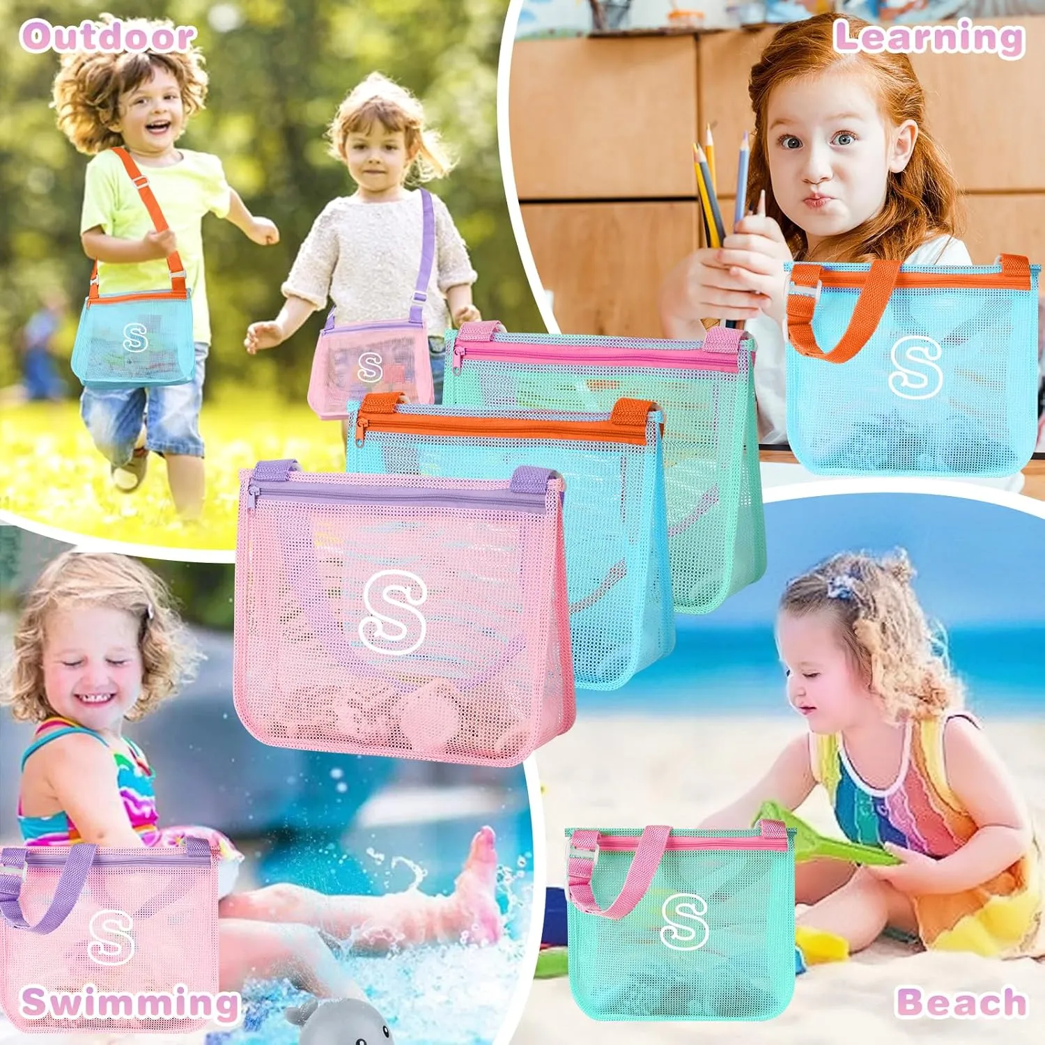 3Pcs Personalized Kids Beach Shell Bag, Initial Seashell Mesh Zipper Beach Pouch, Shell Collecting Bag for Holding Shells with Adjustable Straps, Sand Toys Swim Pouch Gift for Girl Boy Teens(Letter S)
