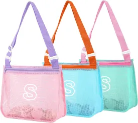 3Pcs Personalized Kids Beach Shell Bag, Initial Seashell Mesh Zipper Beach Pouch, Shell Collecting Bag for Holding Shells with Adjustable Straps, Sand Toys Swim Pouch Gift for Girl Boy Teens(Letter S)