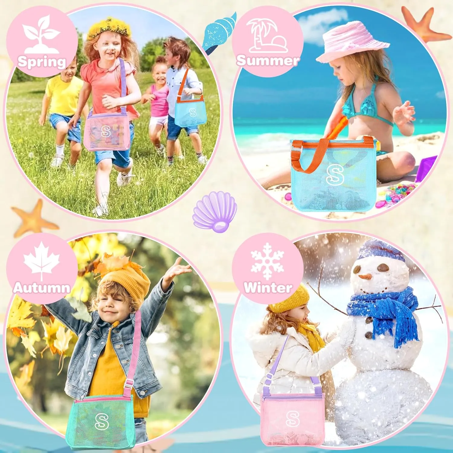 3Pcs Personalized Kids Beach Shell Bag, Initial Seashell Mesh Zipper Beach Pouch, Shell Collecting Bag for Holding Shells with Adjustable Straps, Sand Toys Swim Pouch Gift for Girl Boy Teens(Letter S)