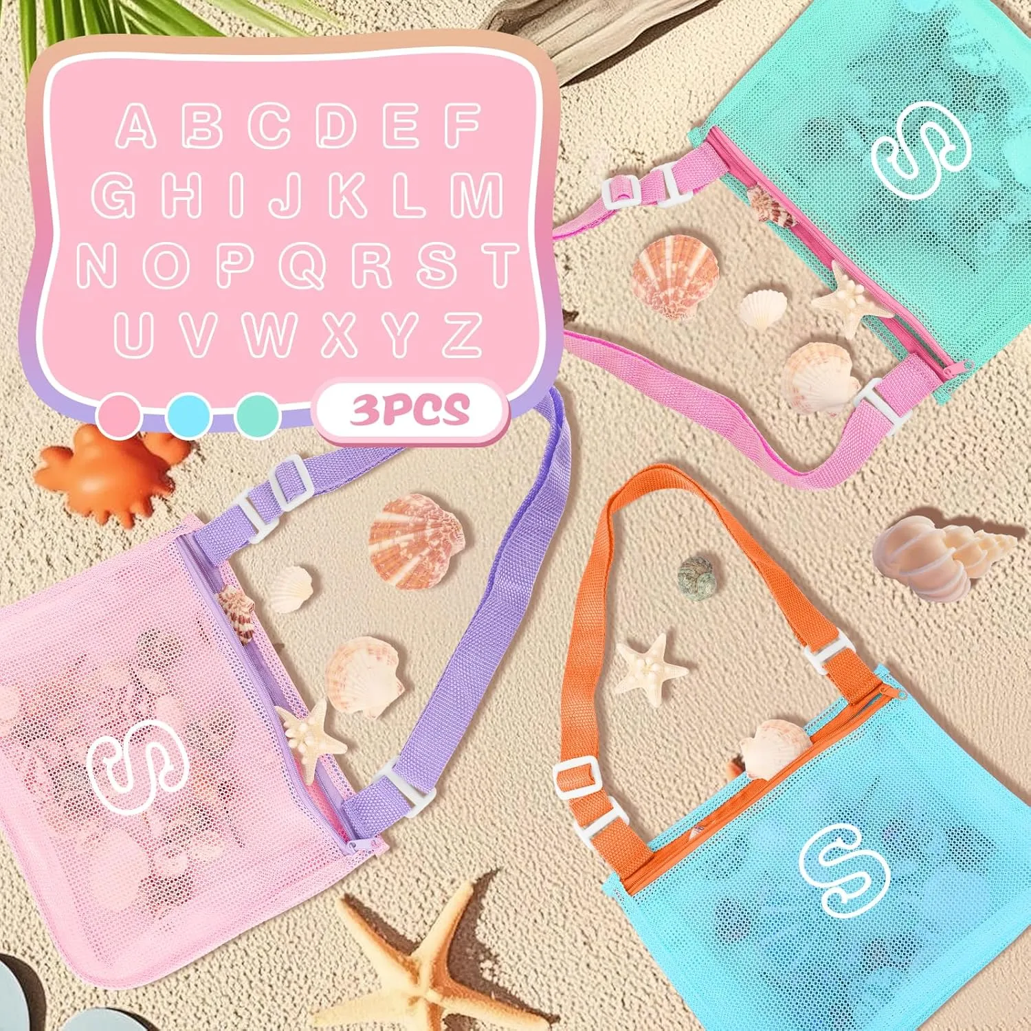3Pcs Personalized Kids Beach Shell Bag, Initial Seashell Mesh Zipper Beach Pouch, Shell Collecting Bag for Holding Shells with Adjustable Straps, Sand Toys Swim Pouch Gift for Girl Boy Teens(Letter S)
