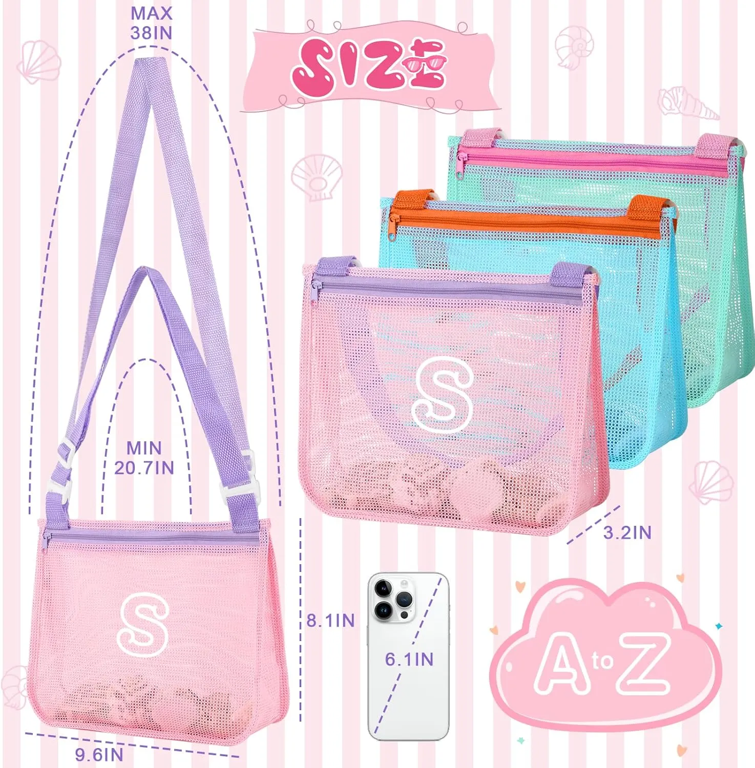 3Pcs Personalized Kids Beach Shell Bag, Initial Seashell Mesh Zipper Beach Pouch, Shell Collecting Bag for Holding Shells with Adjustable Straps, Sand Toys Swim Pouch Gift for Girl Boy Teens(Letter S)