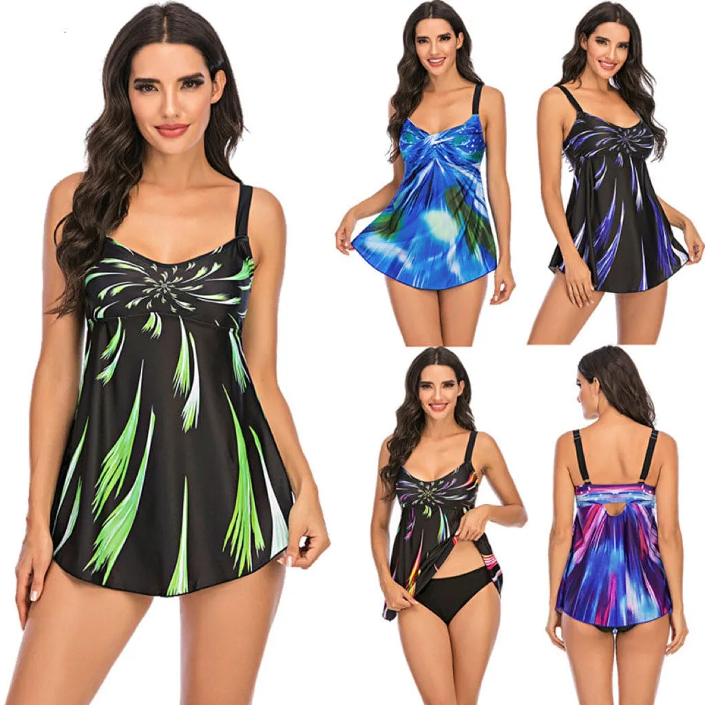 Adjustable Strap Fireworks Print Tank Bikini Swimsuit