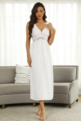 ALCEA ROSEA Womens Silky Nightgown Sexy Lace Lingerie Long V Neck Chemise Sleeveless for Elegant Women White