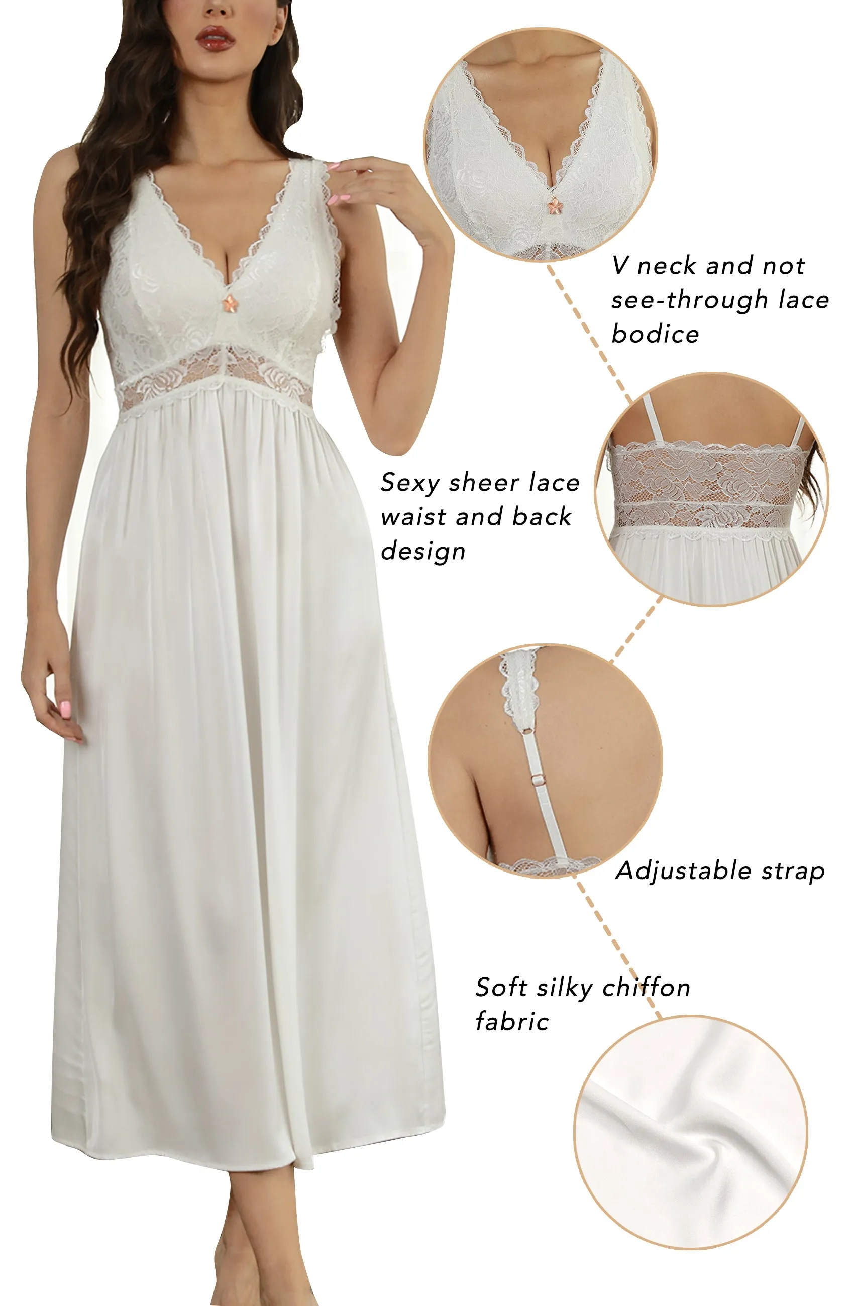 ALCEA ROSEA Womens Silky Nightgown Sexy Lace Lingerie Long V Neck Chemise Sleeveless for Elegant Women White