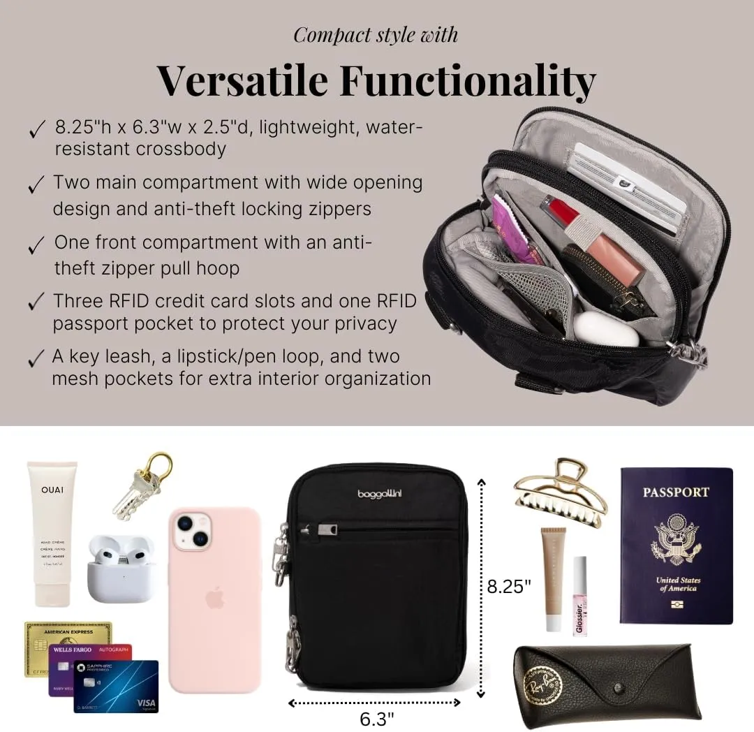 Baggallini Securtex Anti-theft Mini Everything Crossbody Bag, 6.3"x8.25" Rfid, Locking Zippers & Cut-resistant Strap