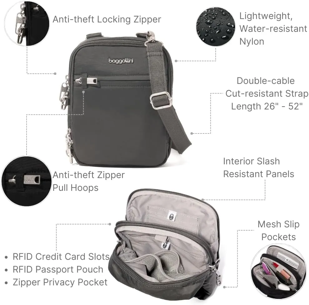 Baggallini Securtex Anti-theft Mini Everything Crossbody Bag, 6.3"x8.25" Rfid, Locking Zippers & Cut-resistant Strap