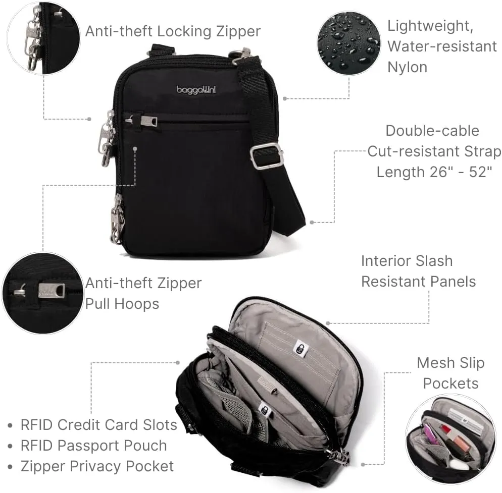 Baggallini Securtex Anti-theft Mini Everything Crossbody Bag, 6.3"x8.25" Rfid, Locking Zippers & Cut-resistant Strap