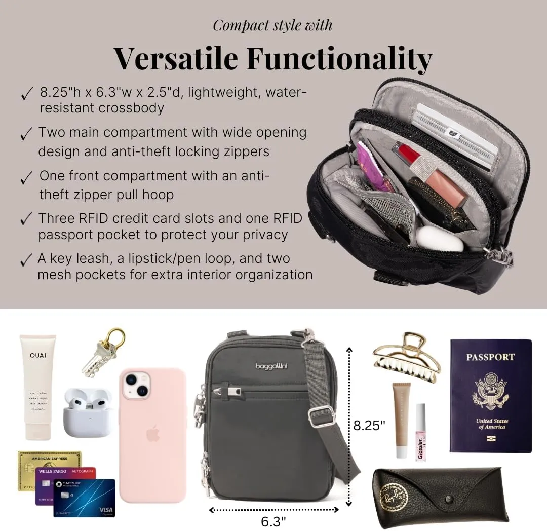 Baggallini Securtex Anti-theft Mini Everything Crossbody Bag, 6.3"x8.25" Rfid, Locking Zippers & Cut-resistant Strap