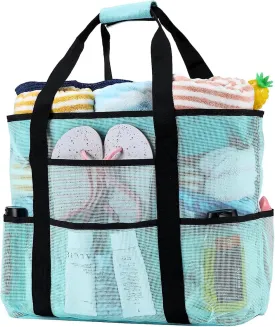Becokan Beach Bags for Women Mesh Beach Bag for Women Swim Pool Bag Beach Tote Bag for Vacation Zipper Closure 9 Pockets