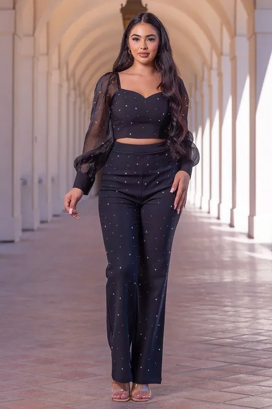 Black Rhinestone Sweetheart Top and Pants Set