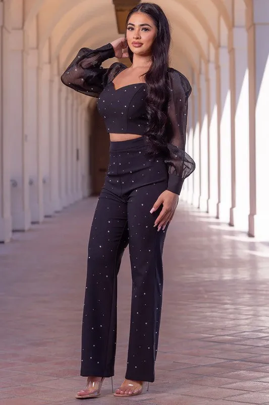 Black Rhinestone Sweetheart Top and Pants Set