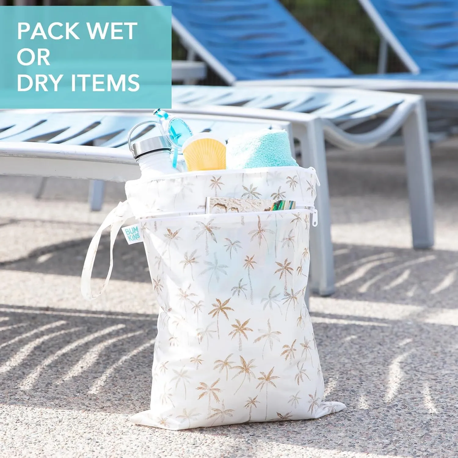 Bumkins Waterproof Wet Bag and Packing Pouches, TSA Airline Compliant, Pack for Baby, Travel, Swim Suit, Cloth Diapers, Pump Parts, Pool, Gym Clothes, Toiletry, Daycare, Zip Bag, 5-pc Set Palm Trees
