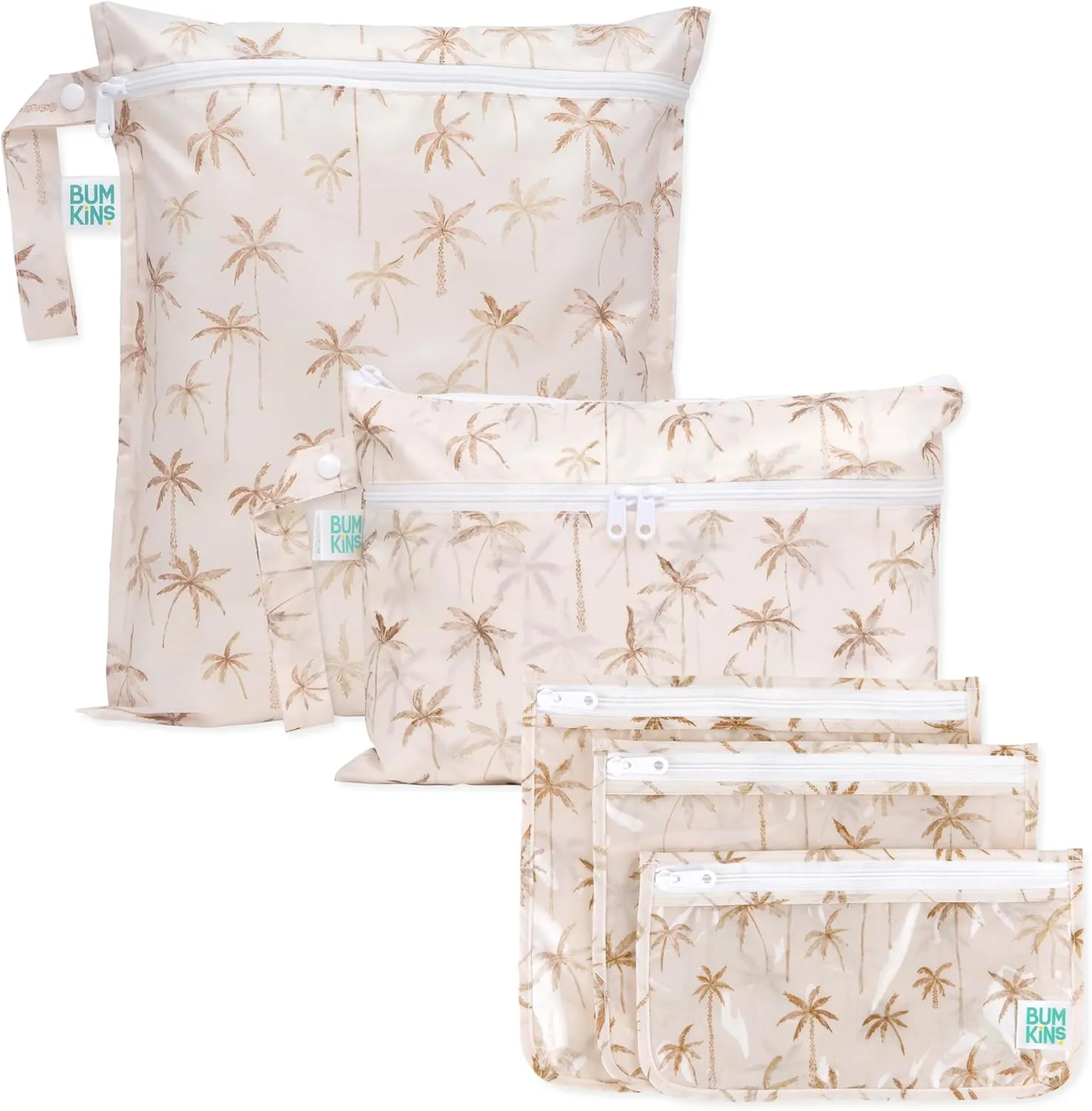 Bumkins Waterproof Wet Bag and Packing Pouches, TSA Airline Compliant, Pack for Baby, Travel, Swim Suit, Cloth Diapers, Pump Parts, Pool, Gym Clothes, Toiletry, Daycare, Zip Bag, 5-pc Set Palm Trees
