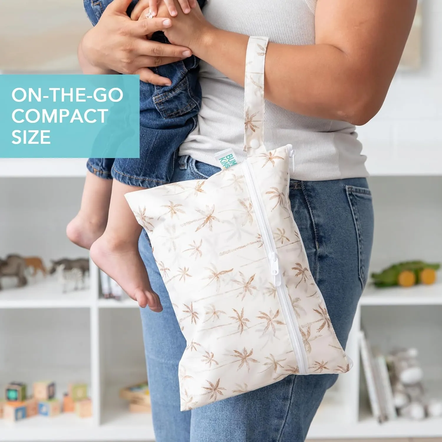 Bumkins Waterproof Wet Bag and Packing Pouches, TSA Airline Compliant, Pack for Baby, Travel, Swim Suit, Cloth Diapers, Pump Parts, Pool, Gym Clothes, Toiletry, Daycare, Zip Bag, 5-pc Set Palm Trees