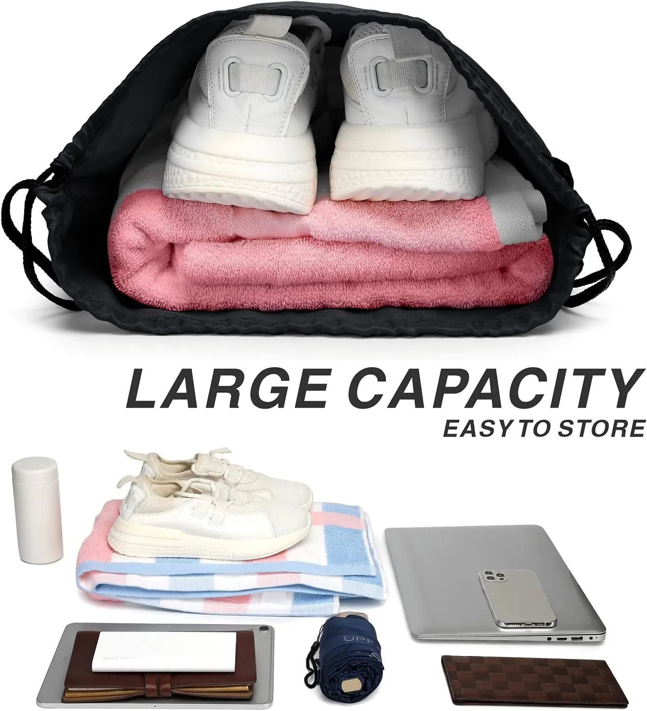 BuyAgain Drawstring Backpack Sports Water Resistant String Bag Sport Gym Sackpack for Women Men Large with Zipper, Black