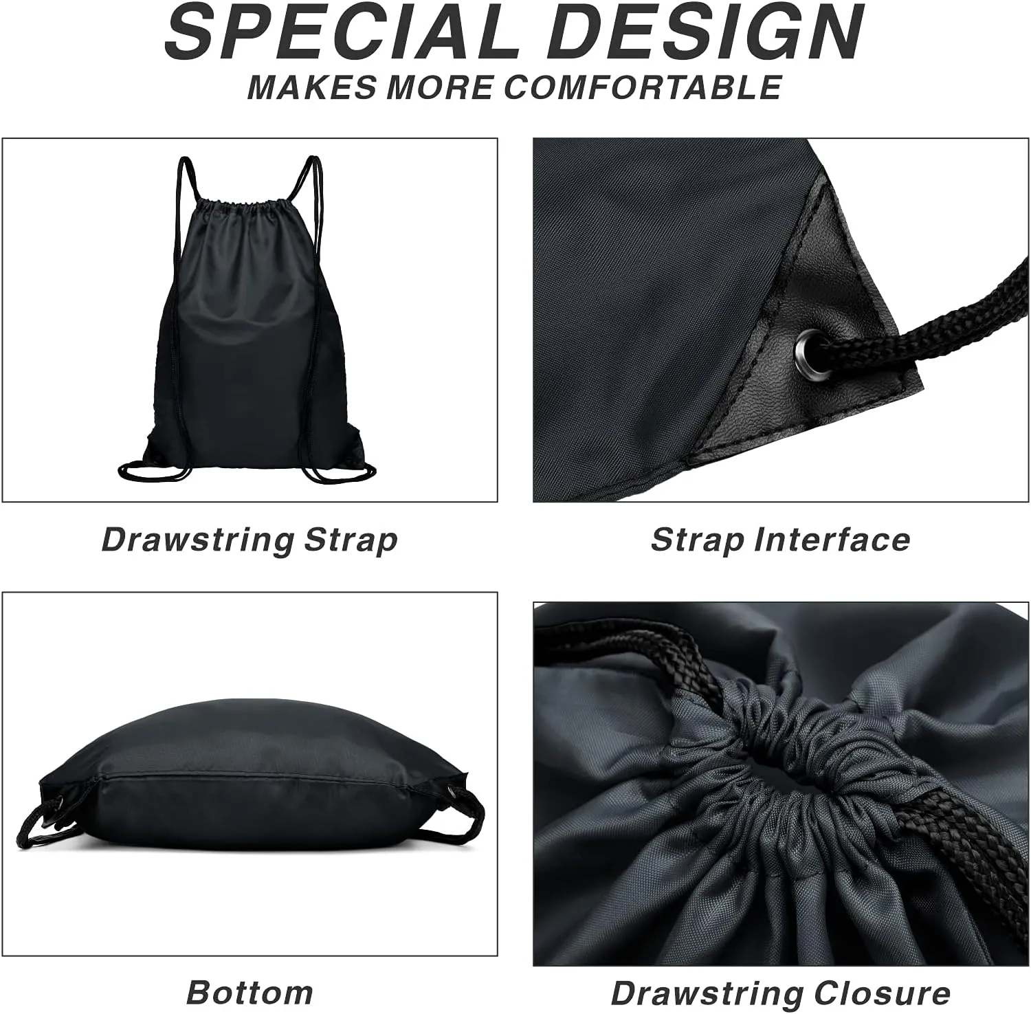 BuyAgain Drawstring Backpack Sports Water Resistant String Bag Sport Gym Sackpack for Women Men Large with Zipper, Black
