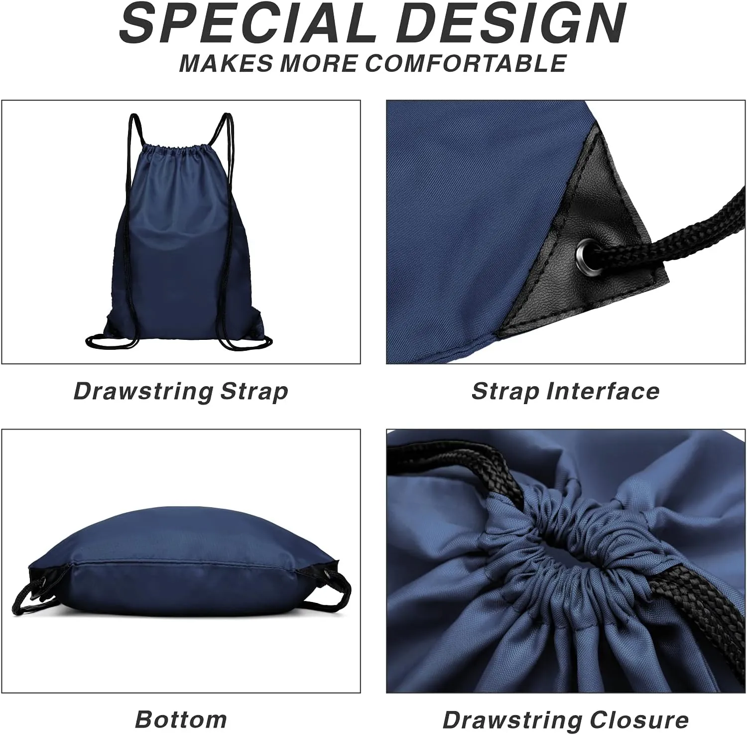 BuyAgain Drawstring Backpack Sports Water Resistant String Bag Sport Gym Sackpack for Women Men Large with Zipper, Navy