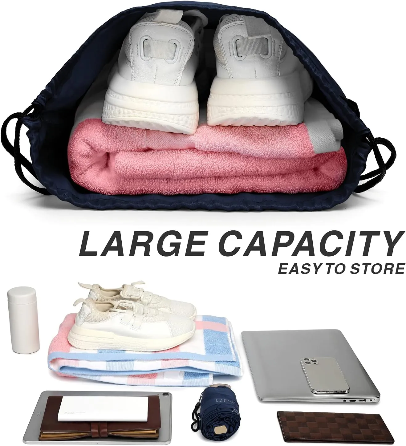 BuyAgain Drawstring Backpack Sports Water Resistant String Bag Sport Gym Sackpack for Women Men Large with Zipper, Navy