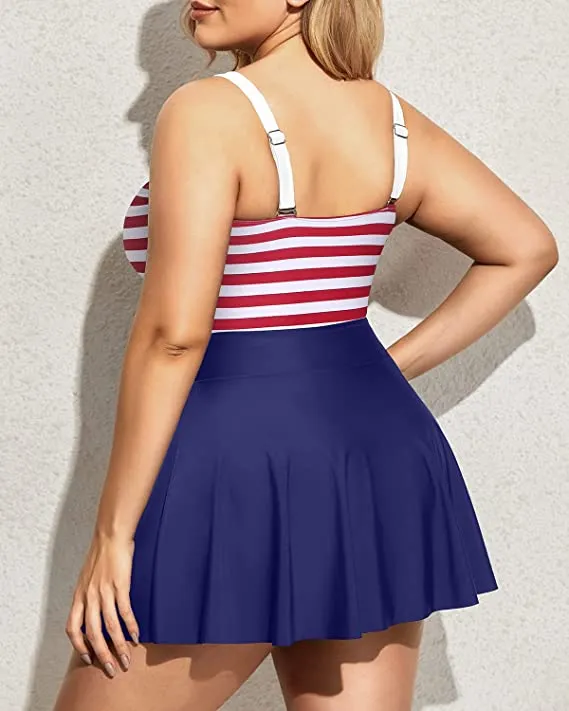 Curvy Hot Pink One Piece Cut Out Flared Skirt Swimsuit