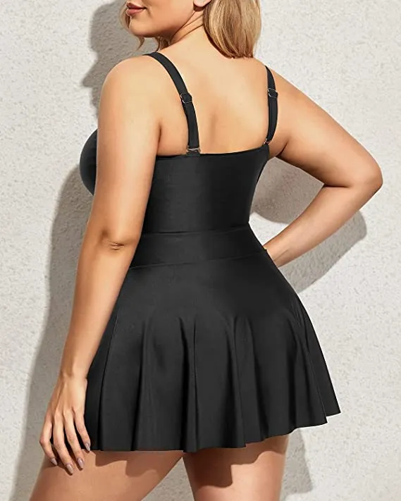 Curvy Hot Pink One Piece Cut Out Flared Skirt Swimsuit