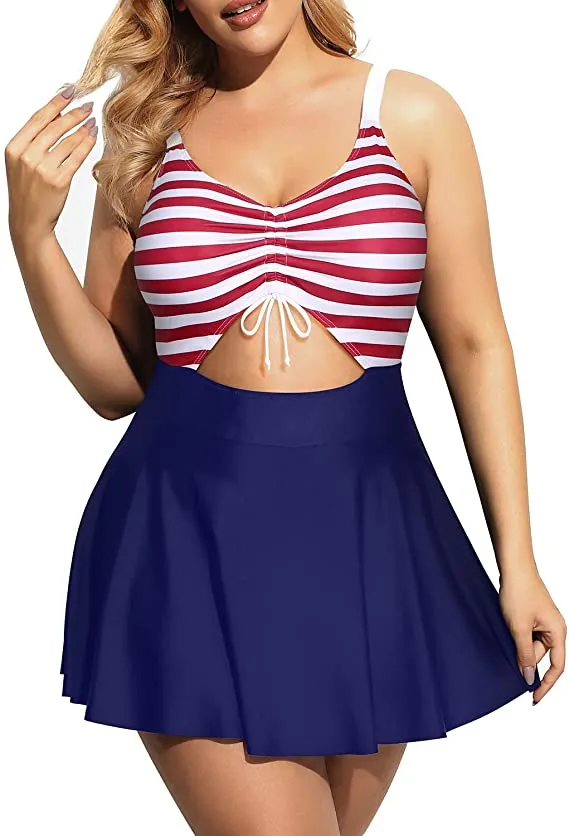 Curvy Hot Pink One Piece Cut Out Flared Skirt Swimsuit