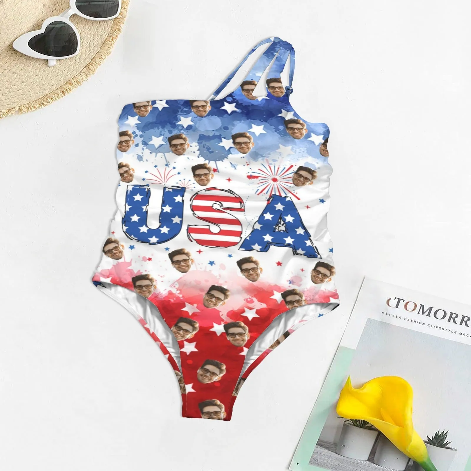 Custom Face Fireworks USA Flag Women's One Shoulder Keyhole One Piece Swimsuit Custom Picture Bathing Suit