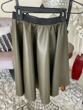 Girls Olive Flared “Leather” Skirt