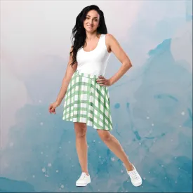 Green Gingham Print Womens Skater Skirt