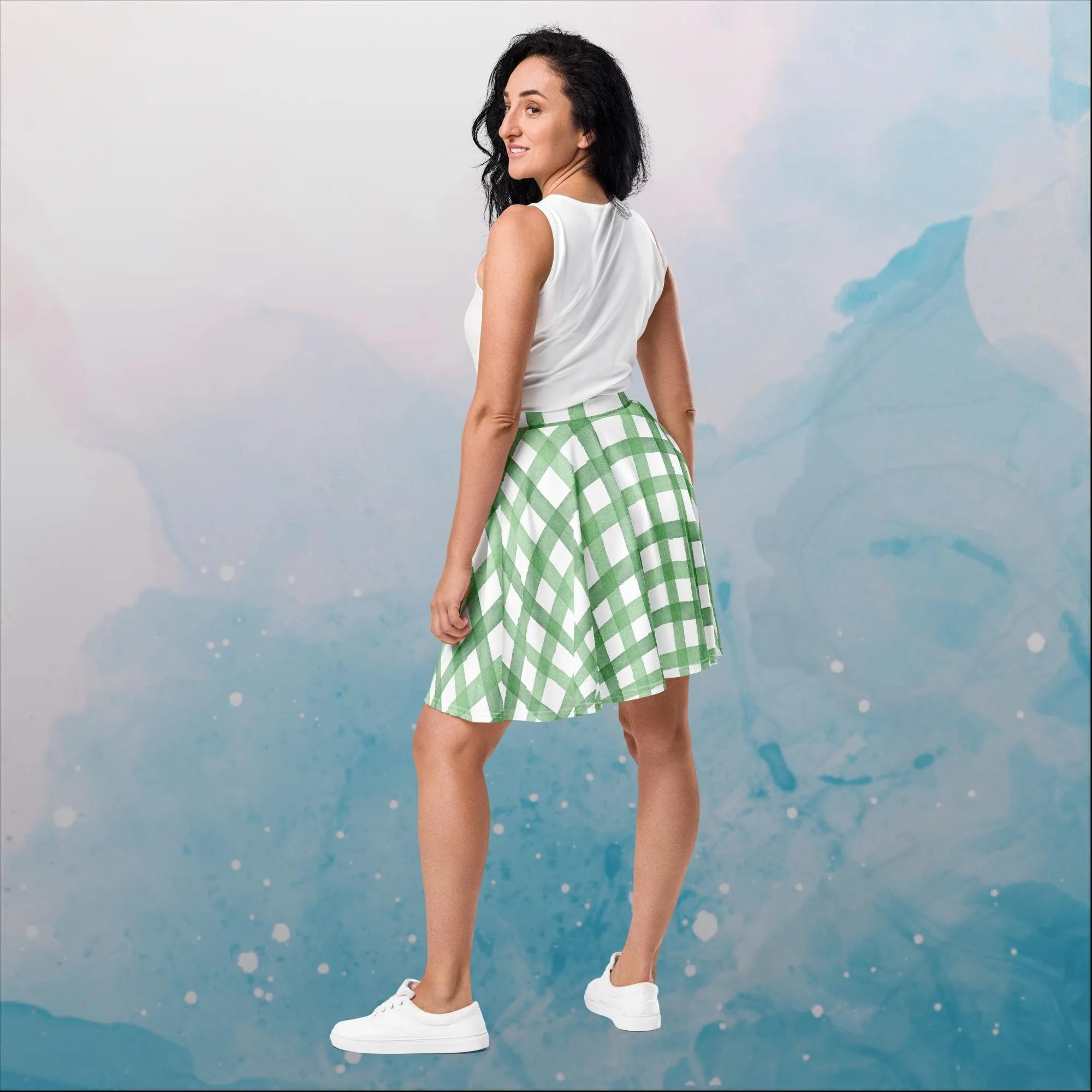 Green Gingham Print Womens Skater Skirt
