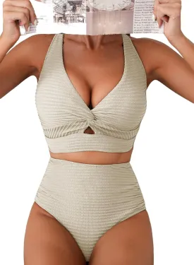 Herseas Women's Textured Bikini Sets Twist Front Top Swimsuits High Waisted Bathing Suits