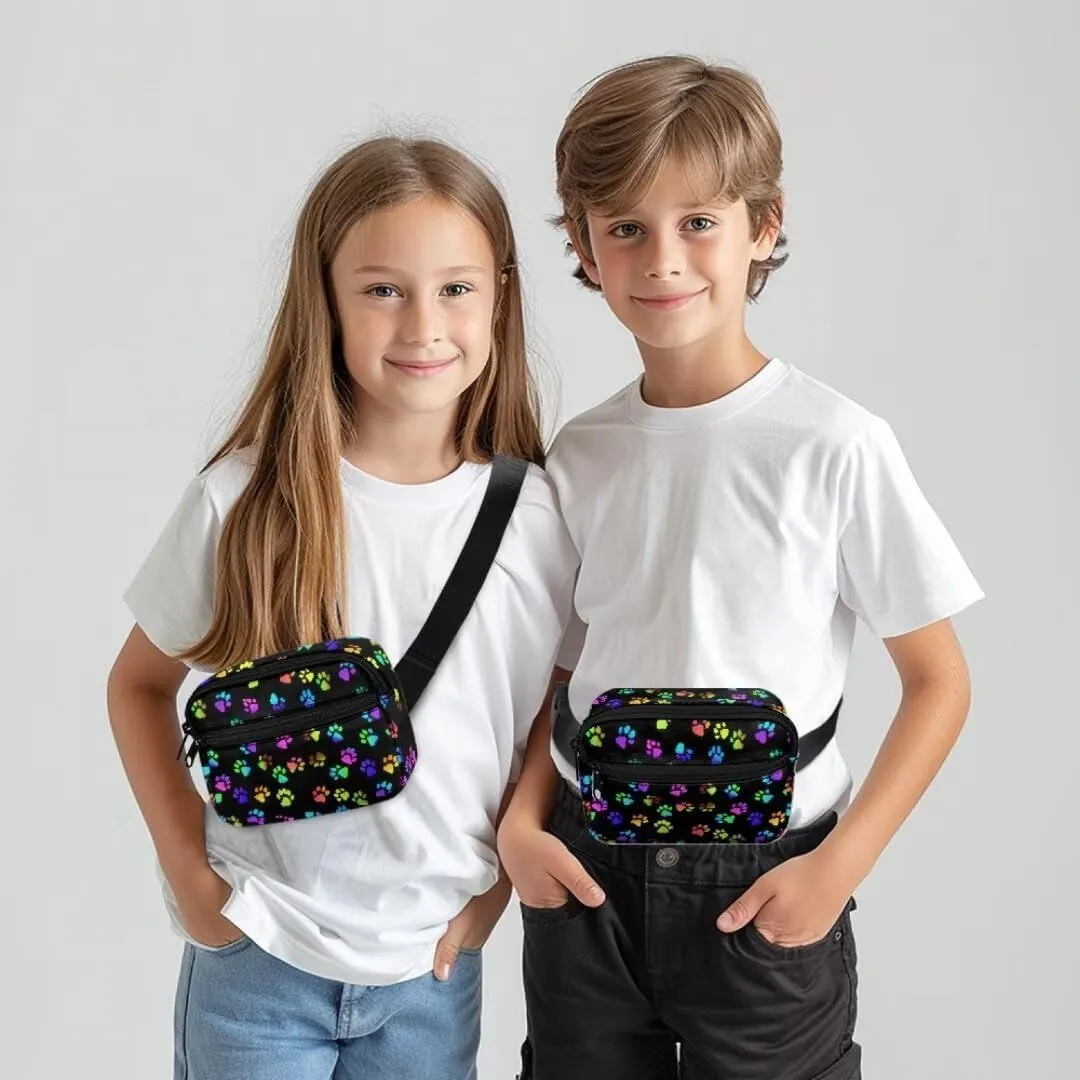 Kuiaobaty Dog Paw Crossbody Bags for Kids Fanny Pack Boys Unique Large Waist Bag for Travel Waterproof Belt Bag with Front Pockets Plus Size Bum Bag for Teens Gift for Friends