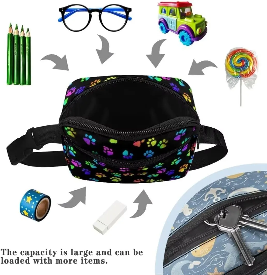 Kuiaobaty Dog Paw Crossbody Bags for Kids Fanny Pack Boys Unique Large Waist Bag for Travel Waterproof Belt Bag with Front Pockets Plus Size Bum Bag for Teens Gift for Friends