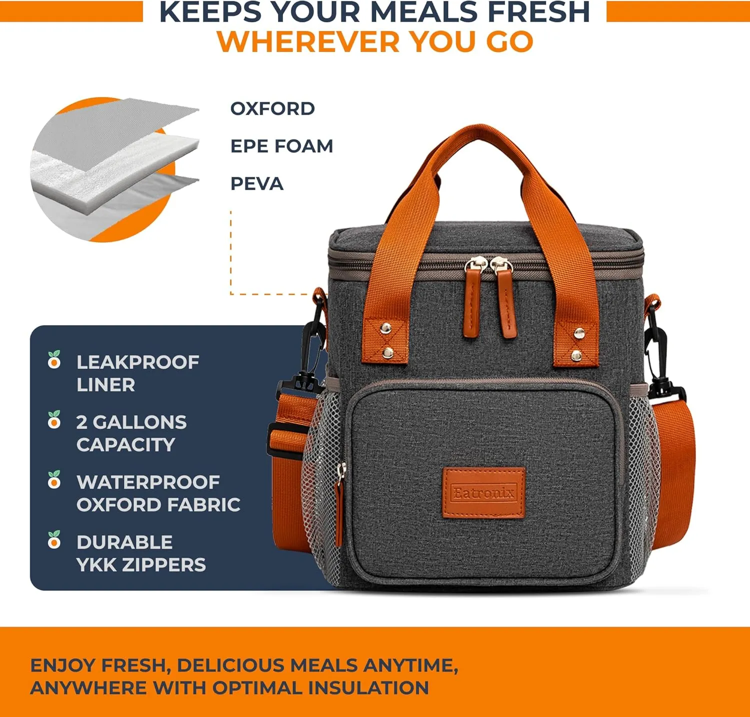 Lunch Box Insulated Lunch Bag for Men, Women  Waterproof Reusable Cooler Bag with Adjustable Shoulder Strap for Men Women Kids  Ideal for Office Work School Picnic (Grey)