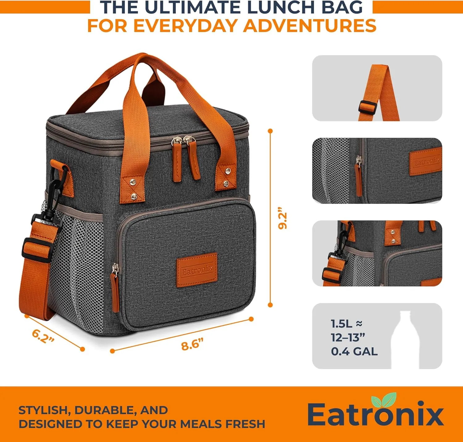 Lunch Box Insulated Lunch Bag for Men, Women  Waterproof Reusable Cooler Bag with Adjustable Shoulder Strap for Men Women Kids  Ideal for Office Work School Picnic (Grey)