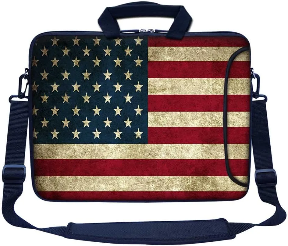 Meffort Inc 17 17.3 inch Neoprene Laptop Bag Sleeve with Extra Side Pocket, Soft Carrying Handle & Removable Shoulder Strap for 16" to 17.3" Size Notebook Computer - USA Flag