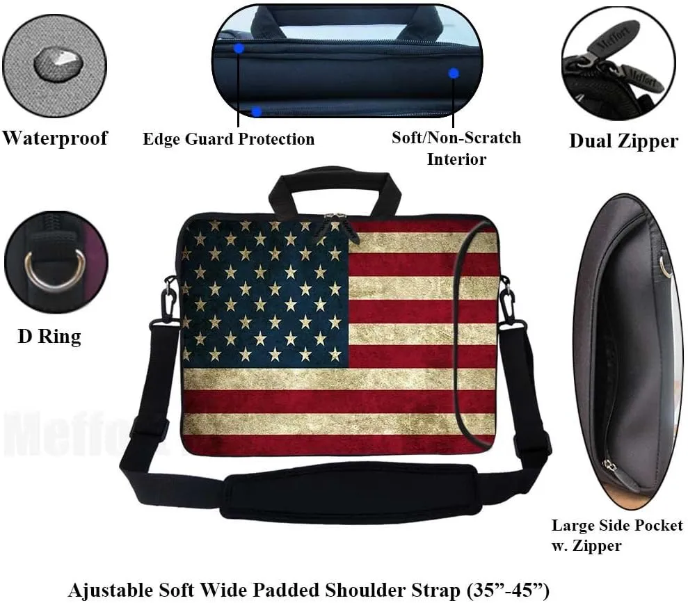 Meffort Inc 17 17.3 inch Neoprene Laptop Bag Sleeve with Extra Side Pocket, Soft Carrying Handle & Removable Shoulder Strap for 16" to 17.3" Size Notebook Computer - USA Flag