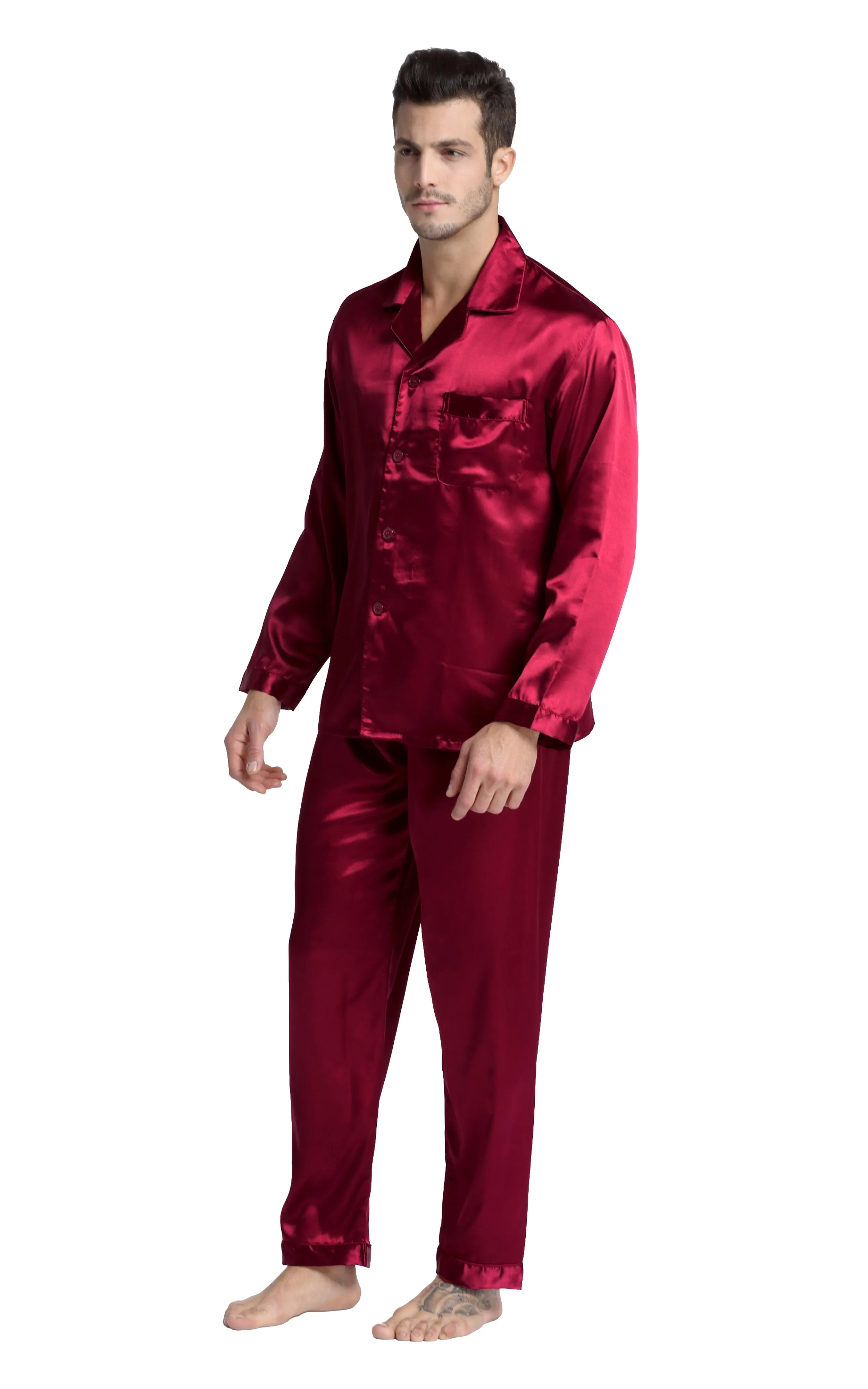 Men's Silk Satin Pajama Set Long Sleeve-Burgundy
