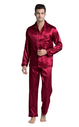 Men's Silk Satin Pajama Set Long Sleeve-Burgundy