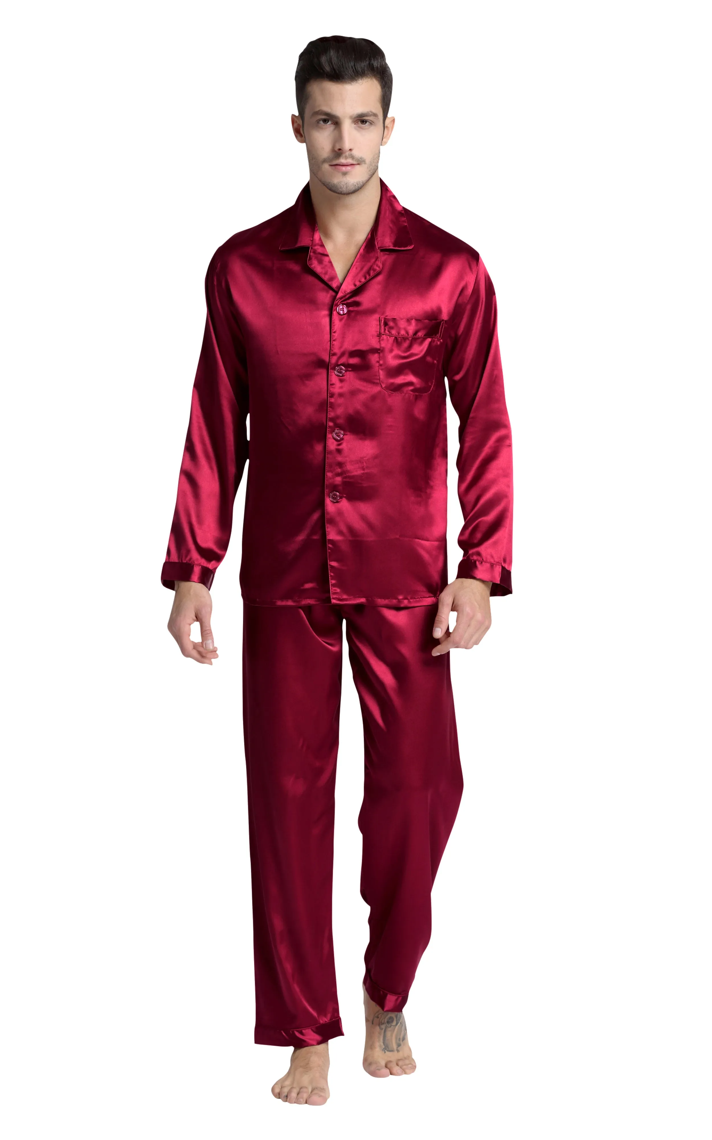 Men's Silk Satin Pajama Set Long Sleeve-Burgundy