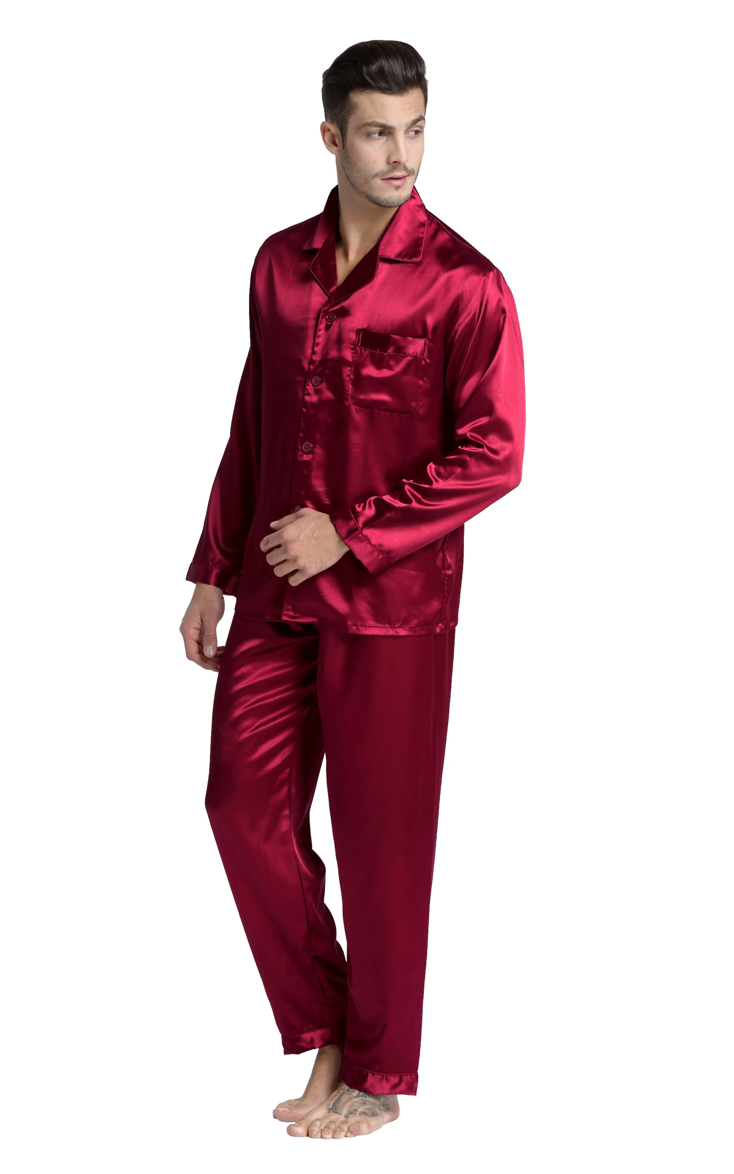 Men's Silk Satin Pajama Set Long Sleeve-Burgundy