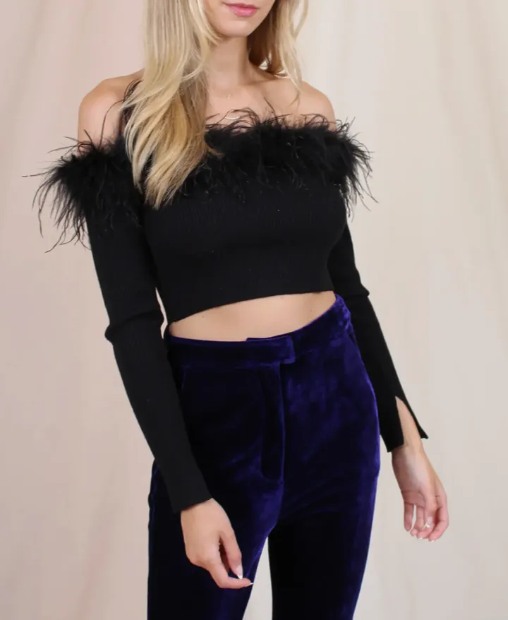 Off Shoulder Feather Trim Crop Top
