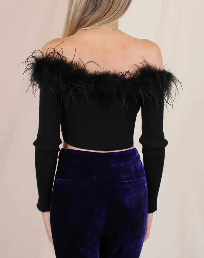 Off Shoulder Feather Trim Crop Top