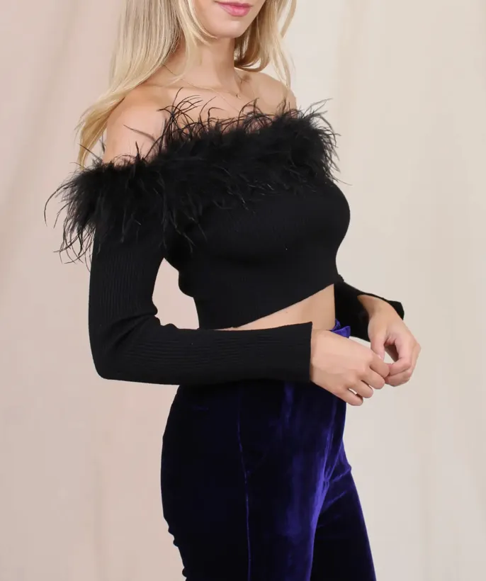 Off Shoulder Feather Trim Crop Top
