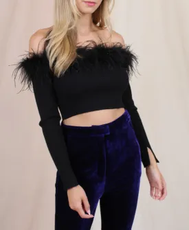 Off Shoulder Feather Trim Crop Top
