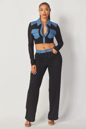 Our Reneta Denim Contrast Top And Pants Set